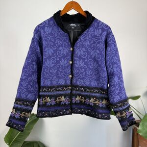 Vintage Icelandic Design Wool-Blend Floral Tapestry Cardigan Jacket, Medium